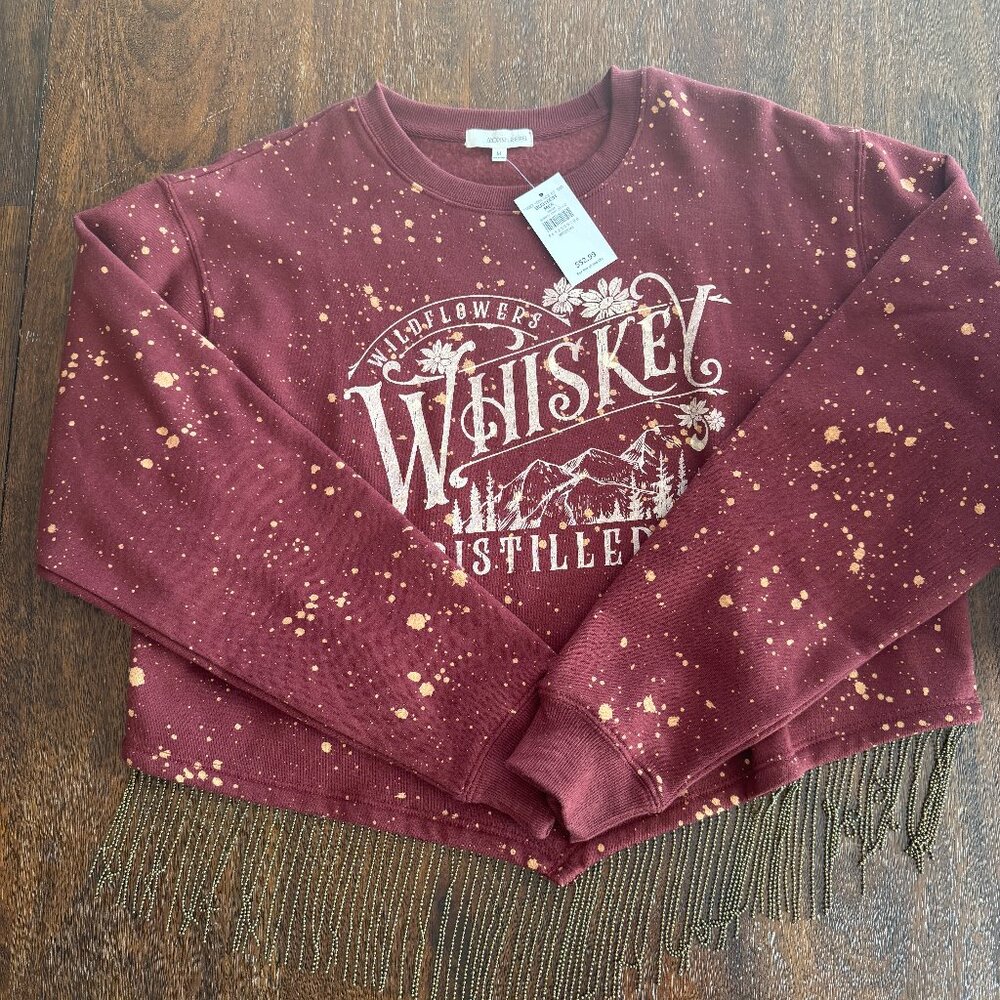 Buckle Modish Rebel Cropped Whiskey Crewneck with Fringe - Size Medium